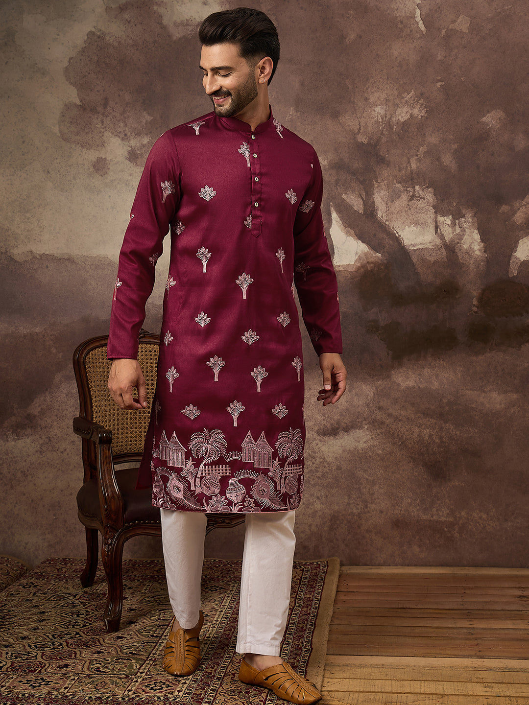 Men Maroon Silk Blend Solid Embroidered Straight Kurta and Trouser-MKSET1329