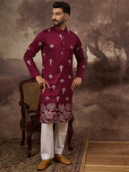 Men Maroon Silk Blend Solid Embroidered Straight Kurta and Trouser-MKSET1329