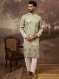 Men Green Silk Blend Solid Embroidered Straight Kurta and Trouser-MKSET1330