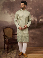Men Green Silk Blend Solid Embroidered Straight Kurta and Trouser-MKSET1330