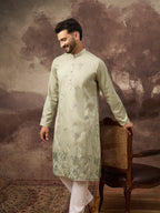 Men Green Silk Blend Solid Embroidered Straight Kurta and Trouser-MKSET1330