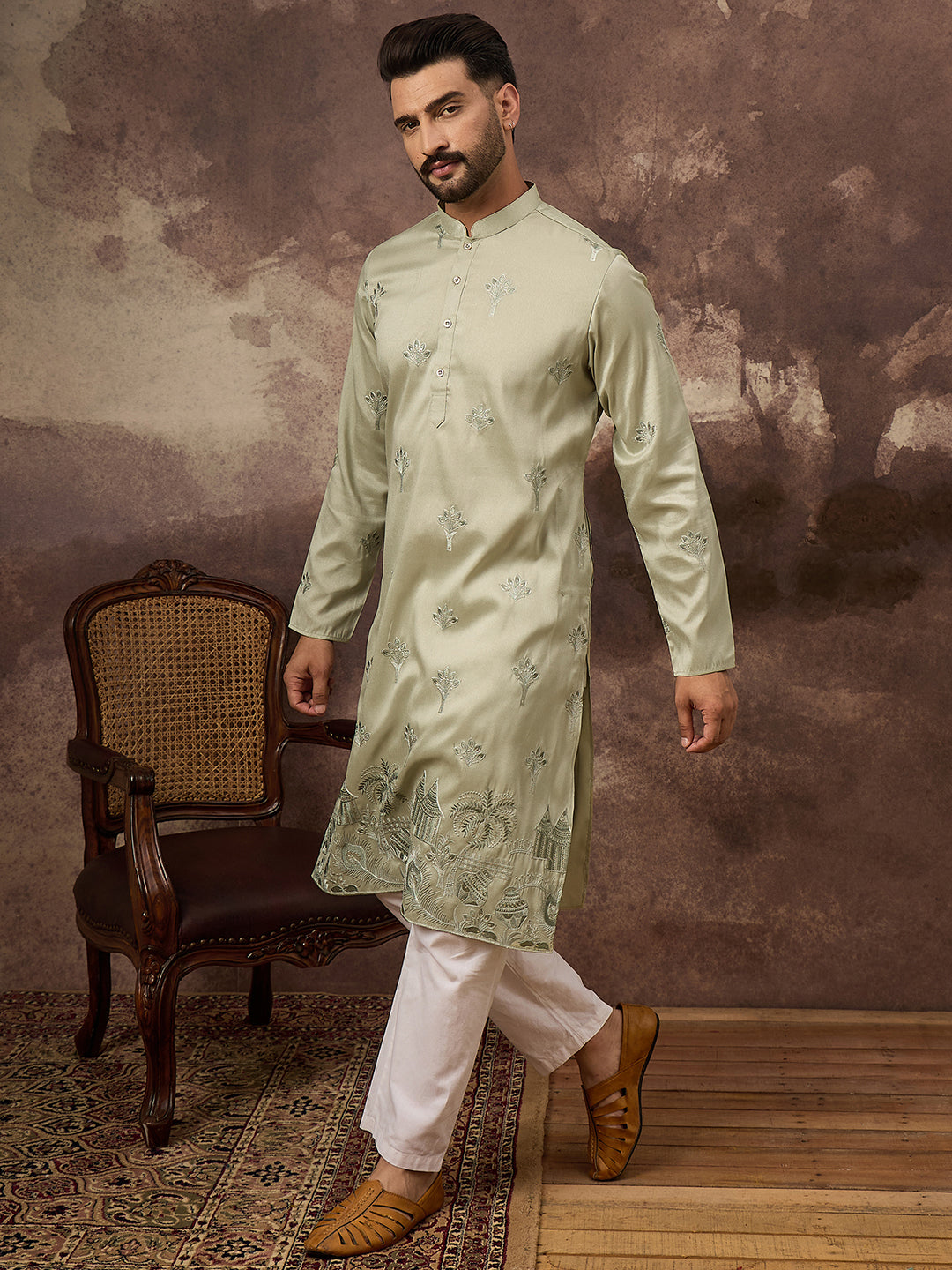 Men Green Silk Blend Solid Embroidered Straight Kurta and Trouser-MKSET1330