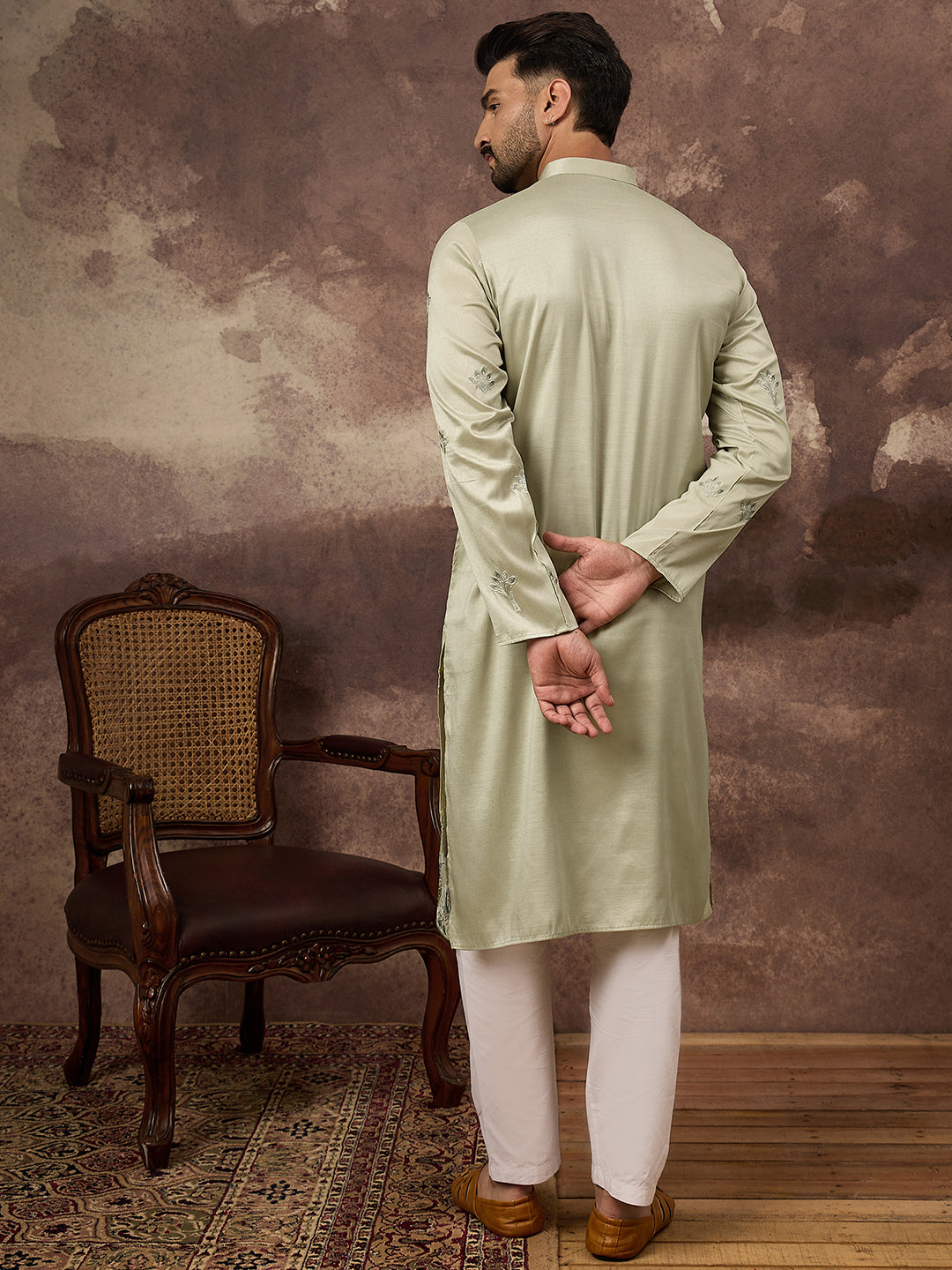 Men Green Silk Blend Solid Embroidered Straight Kurta and Trouser-MKSET1330