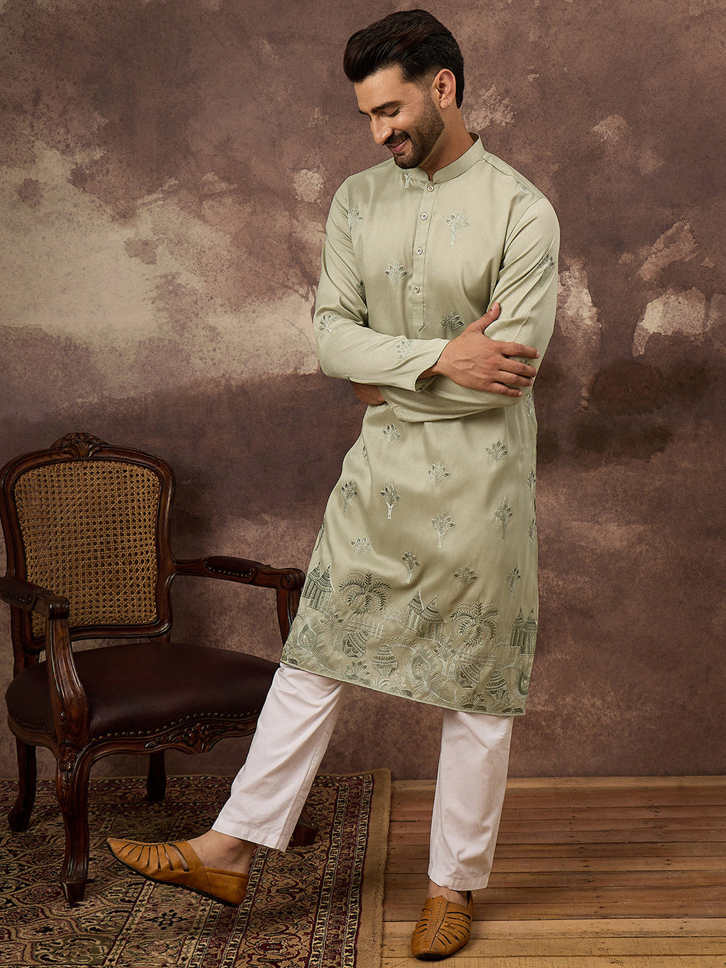 Men Green Silk Blend Solid Embroidered Straight Kurta and Trouser-MKSET1330