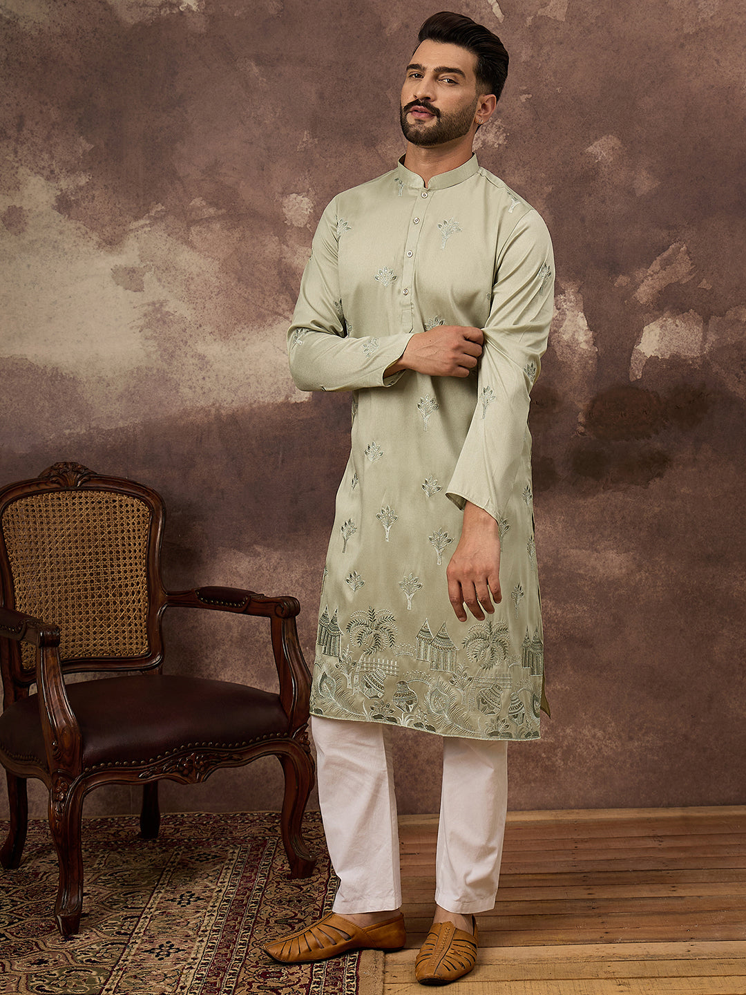 Men Green Silk Blend Solid Embroidered Straight Kurta and Trouser-MKSET1330