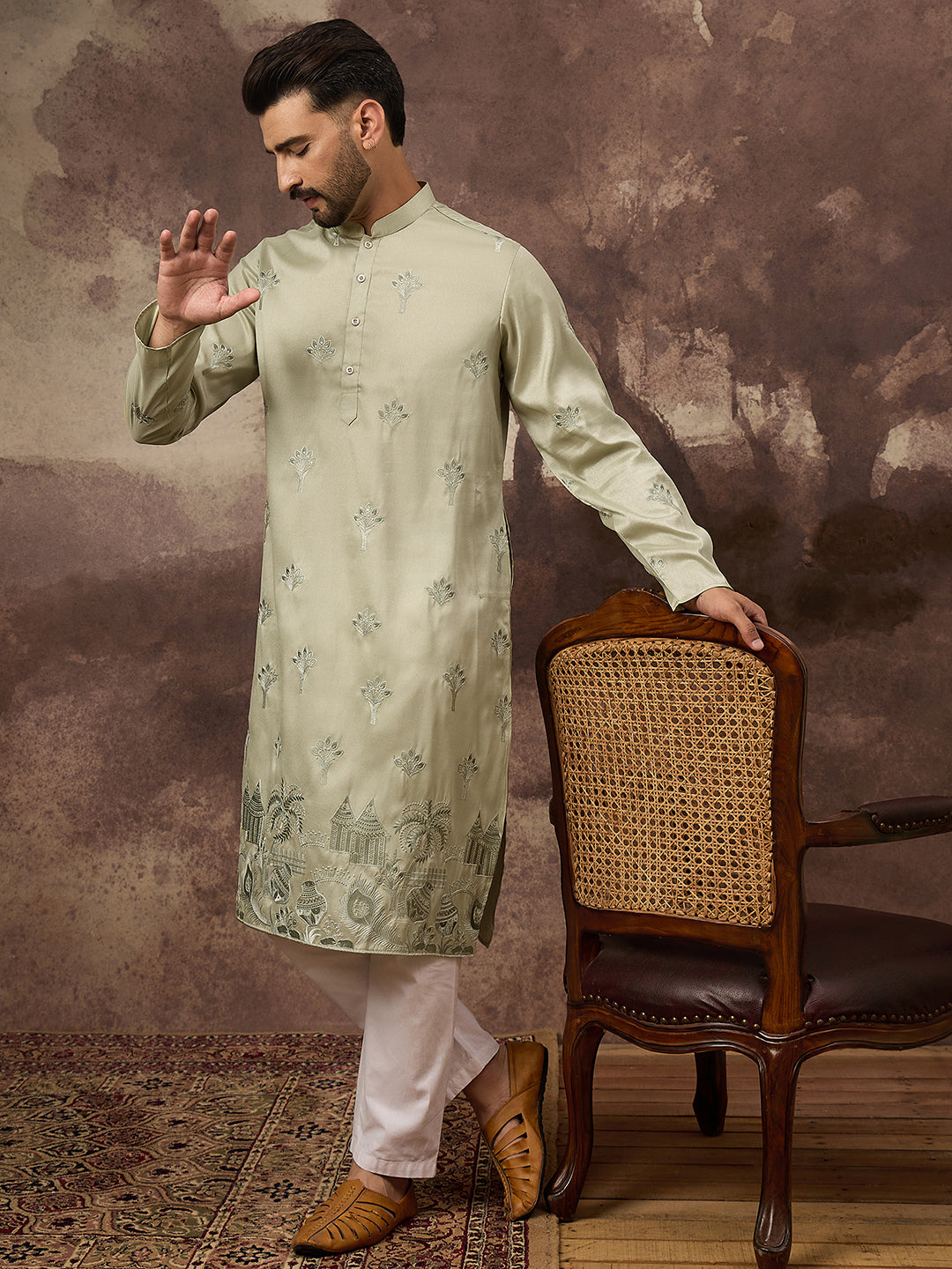 Men Green Silk Blend Solid Embroidered Straight Kurta and Trouser-MKSET1330