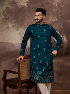 Men Blue Silk Blend Solid Embroidered Straight Kurta and Trouser-MKSET1331