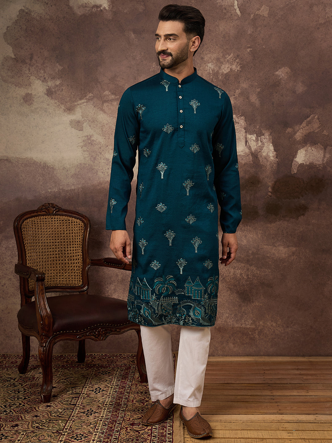 Men Blue Silk Blend Solid Embroidered Straight Kurta and Trouser-MKSET1331
