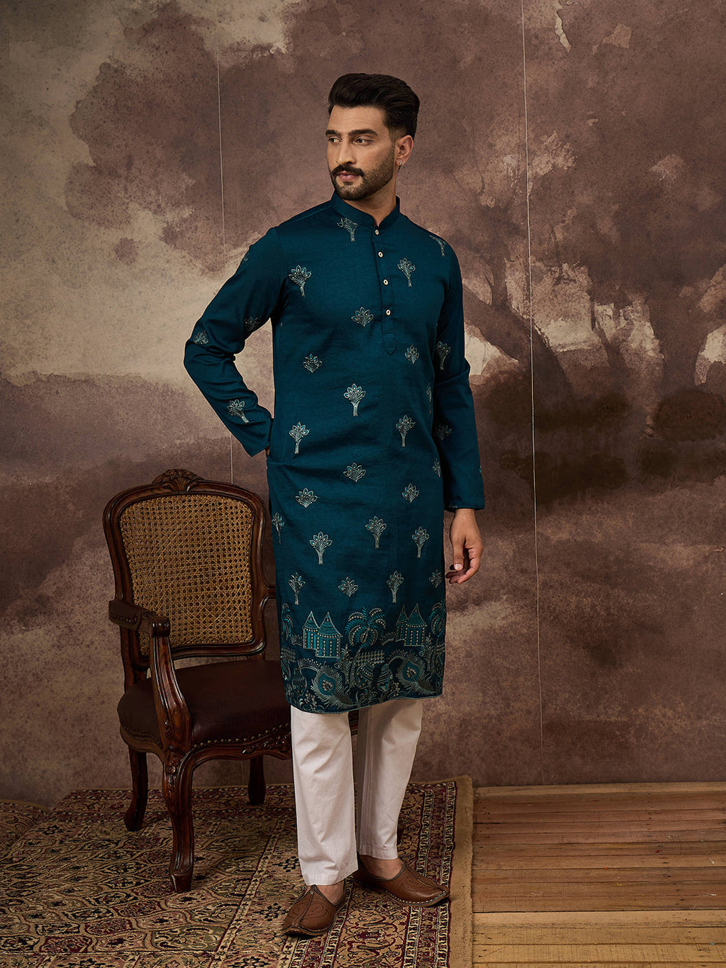 Men Blue Silk Blend Solid Embroidered Straight Kurta and Trouser-MKSET1331