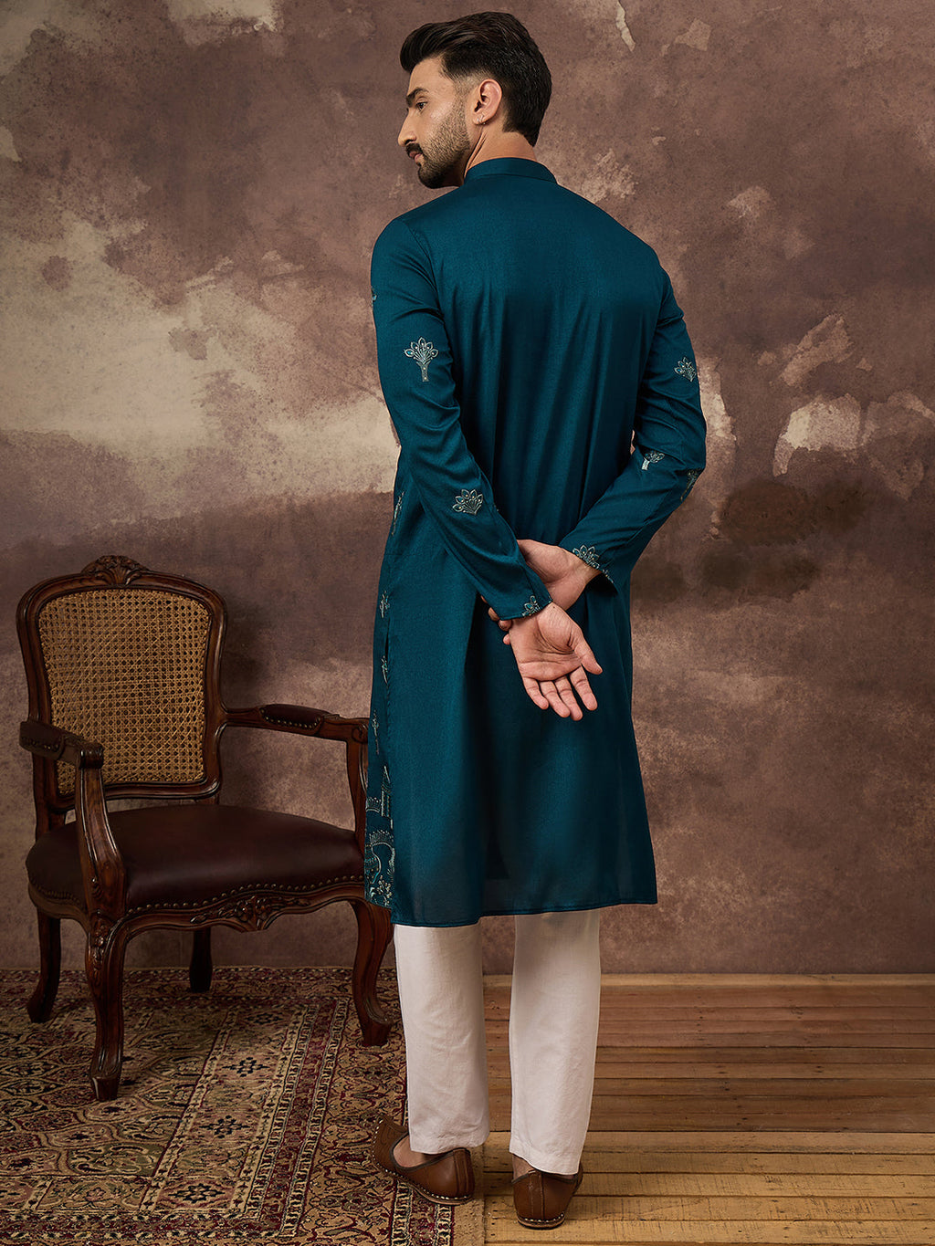 Men Blue Silk Blend Solid Embroidered Straight Kurta and Trouser-MKSET1331
