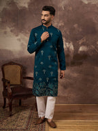 Men Blue Silk Blend Solid Embroidered Straight Kurta and Trouser-MKSET1331