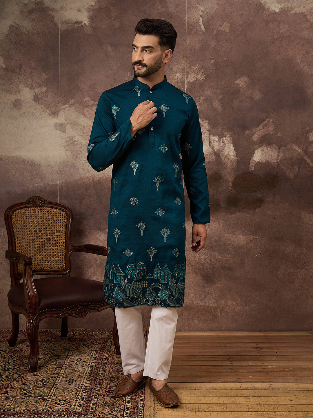 Men Blue Silk Blend Solid Embroidered Straight Kurta and Trouser-MKSET1331