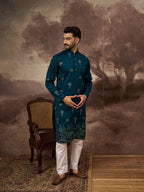 Men Blue Silk Blend Solid Embroidered Straight Kurta and Trouser-MKSET1331