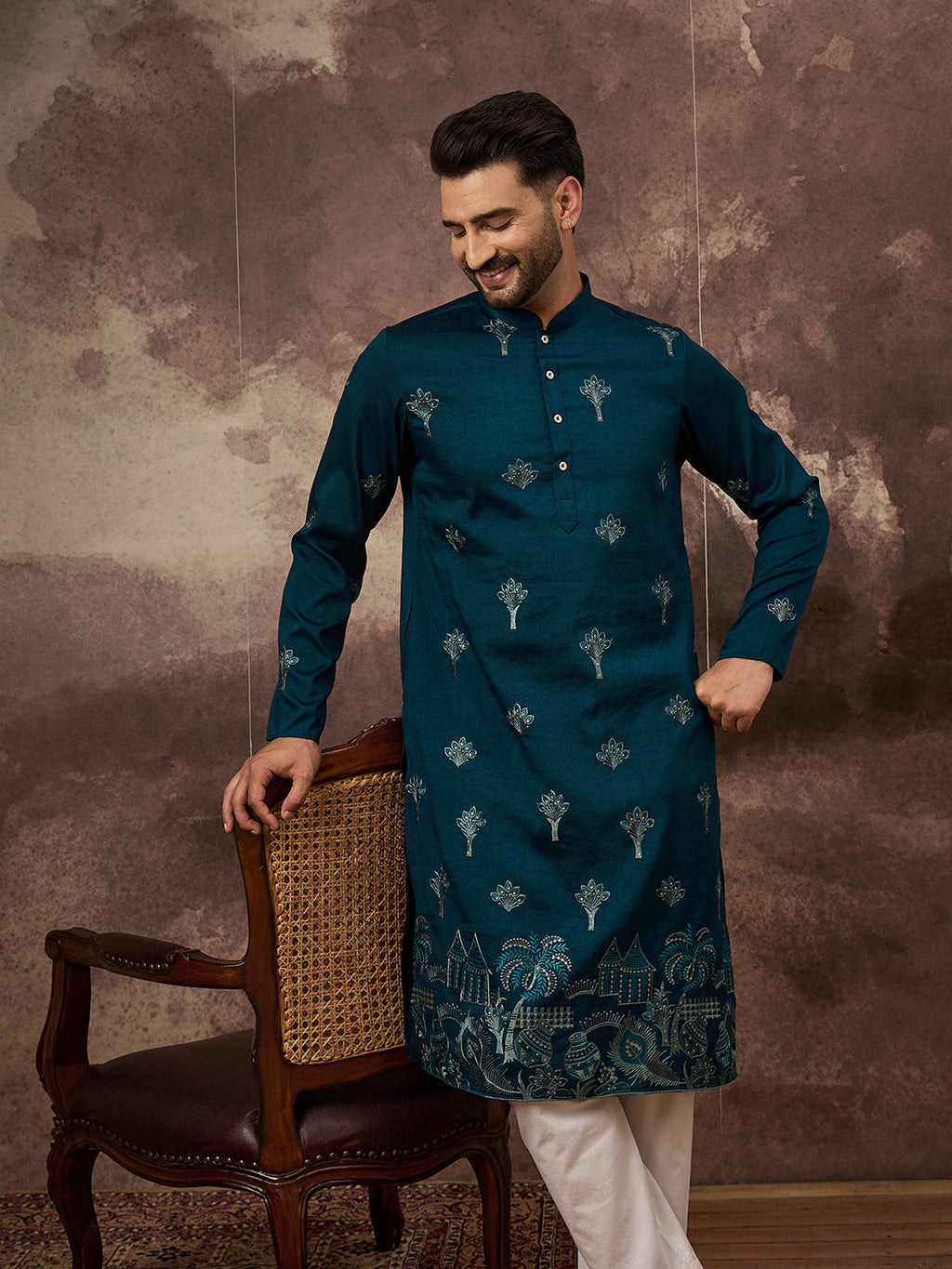 Men Blue Silk Blend Solid Embroidered Straight Kurta and Trouser-MKSET1331