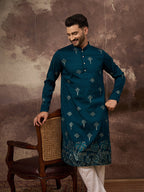 Men Blue Silk Blend Solid Embroidered Straight Kurta and Trouser-MKSET1331