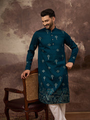 Men Blue Silk Blend Solid Embroidered Straight Kurta and Trouser-MKSET1331