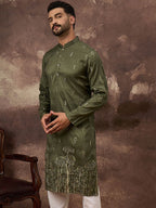 Men Green Silk Blend Solid Embroidered Straight Kurta and Trouser-MKSET1332