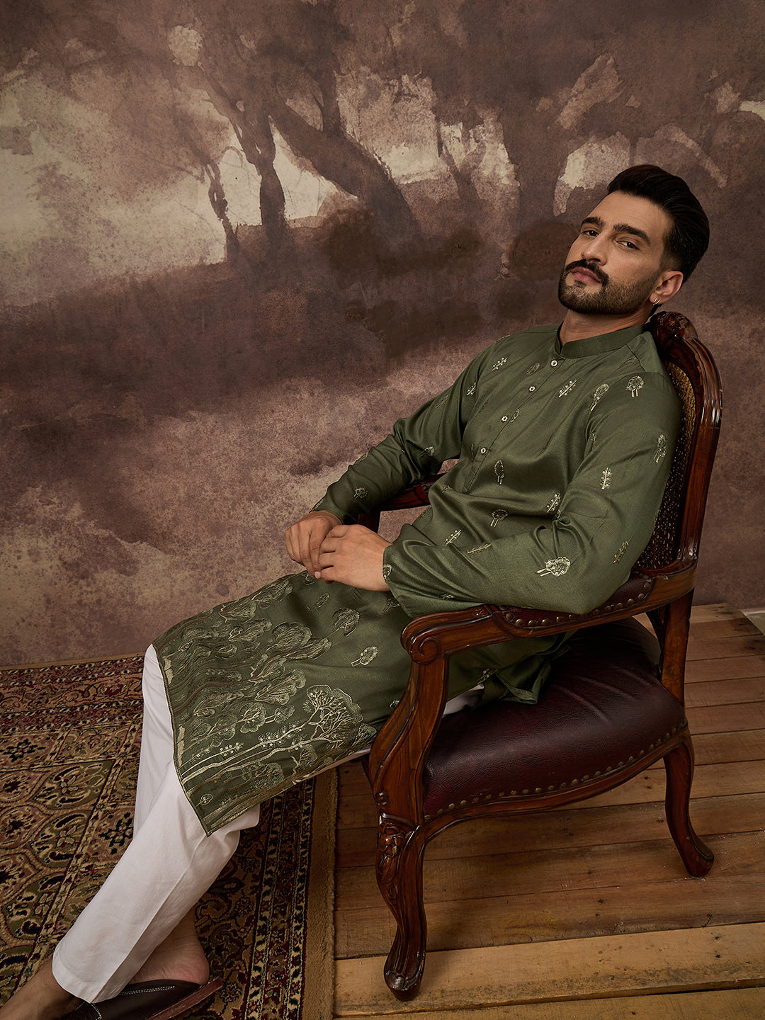 Men Green Silk Blend Solid Embroidered Straight Kurta and Trouser-MKSET1332