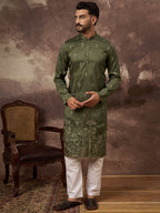 Men Green Silk Blend Solid Embroidered Straight Kurta and Trouser-MKSET1332