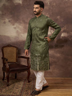 Men Green Silk Blend Solid Embroidered Straight Kurta and Trouser-MKSET1332