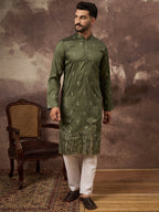 Men Green Silk Blend Solid Embroidered Straight Kurta and Trouser-MKSET1332