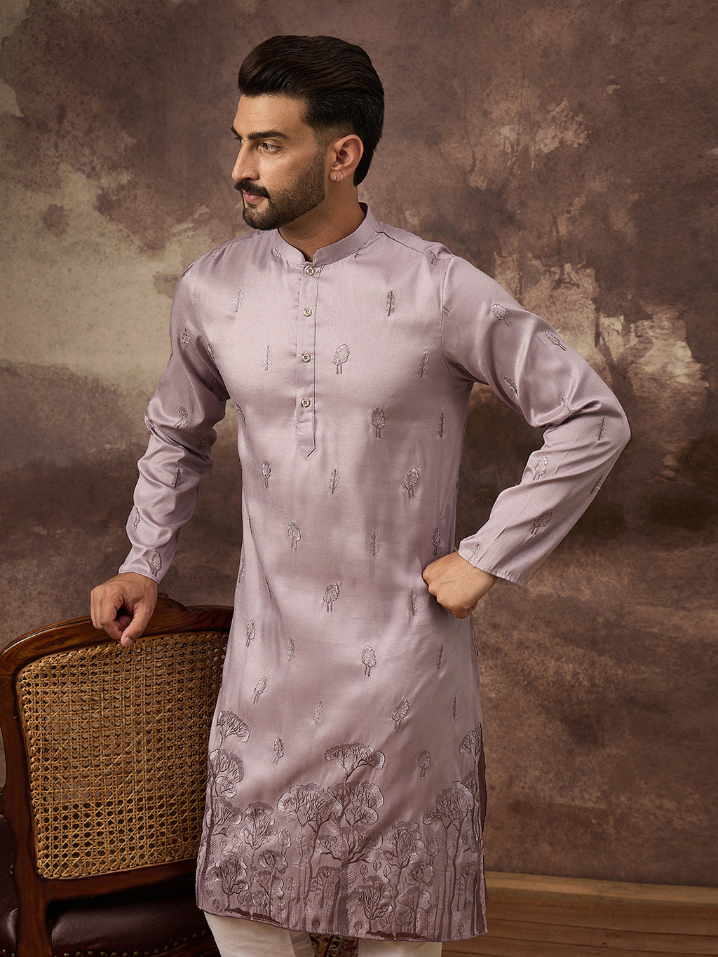 Men Lavender Silk Blend Solid Embroidered Straight Kurta and Trouser-MKSET1333