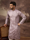Men Lavender Silk Blend Solid Embroidered Straight Kurta and Trouser-MKSET1333