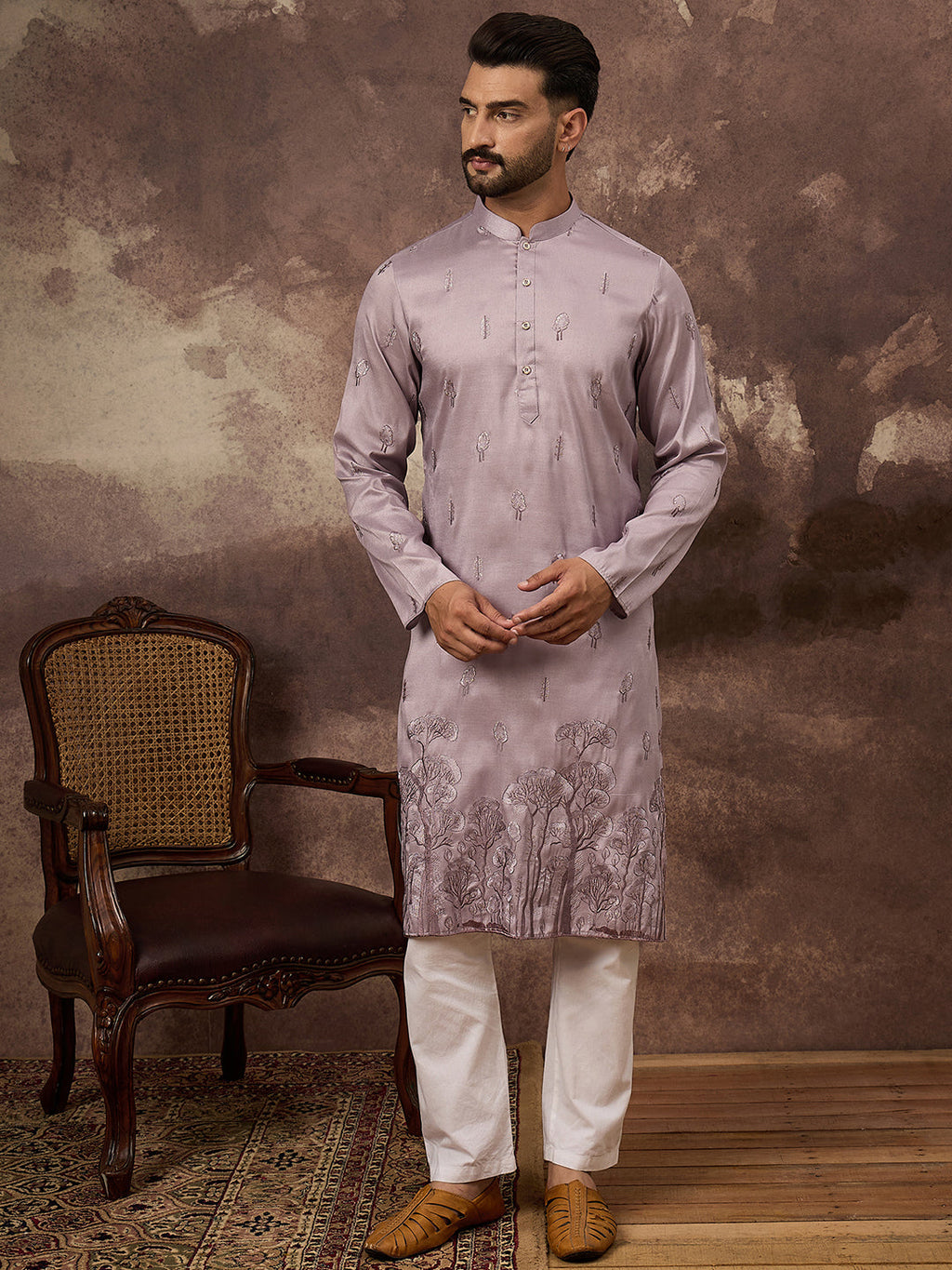 Men Lavender Silk Blend Solid Embroidered Straight Kurta and Trouser-MKSET1333