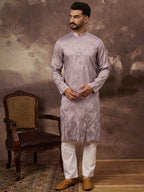 Men Lavender Silk Blend Solid Embroidered Straight Kurta and Trouser-MKSET1333