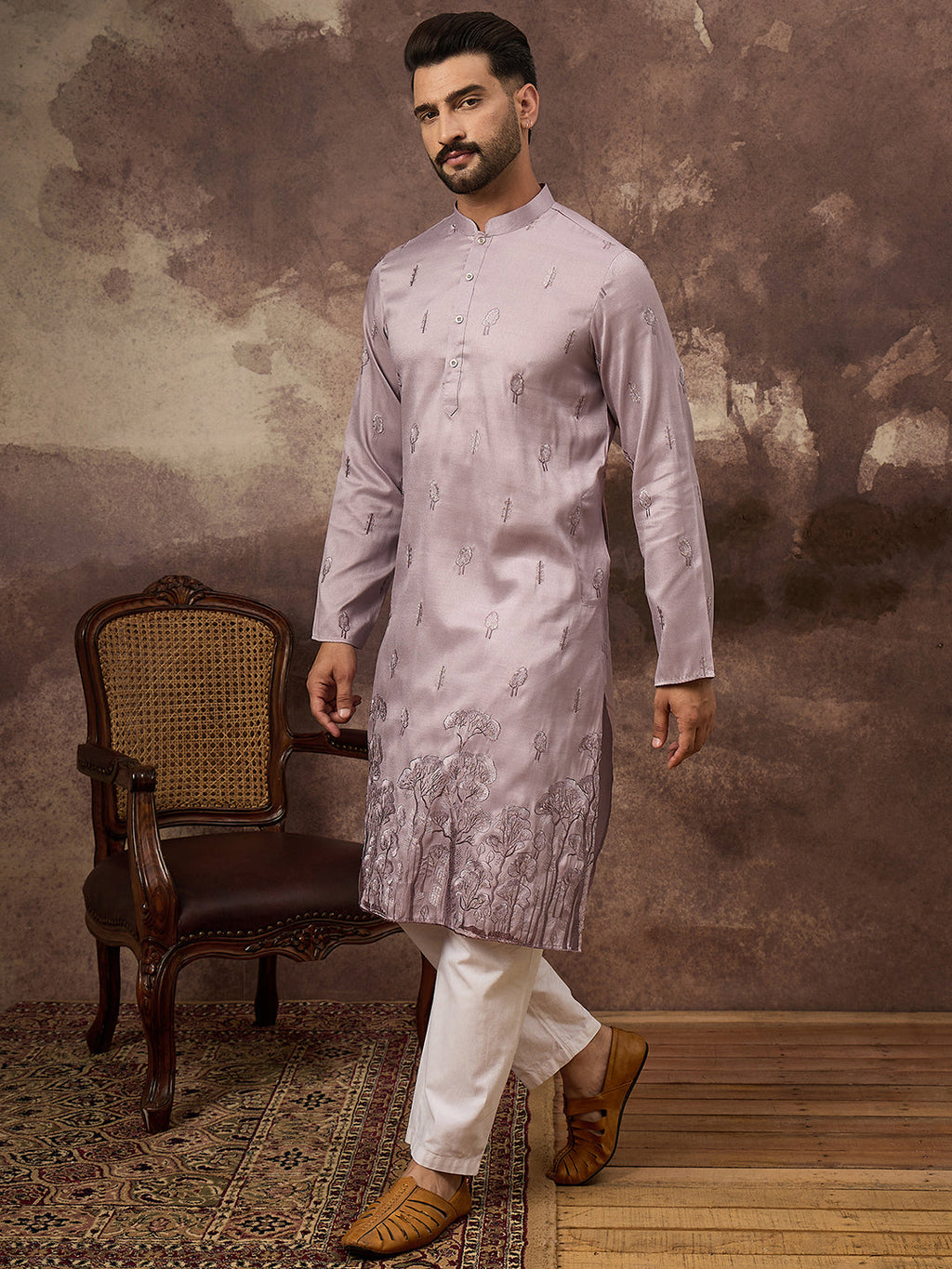 Men Lavender Silk Blend Solid Embroidered Straight Kurta and Trouser-MKSET1333
