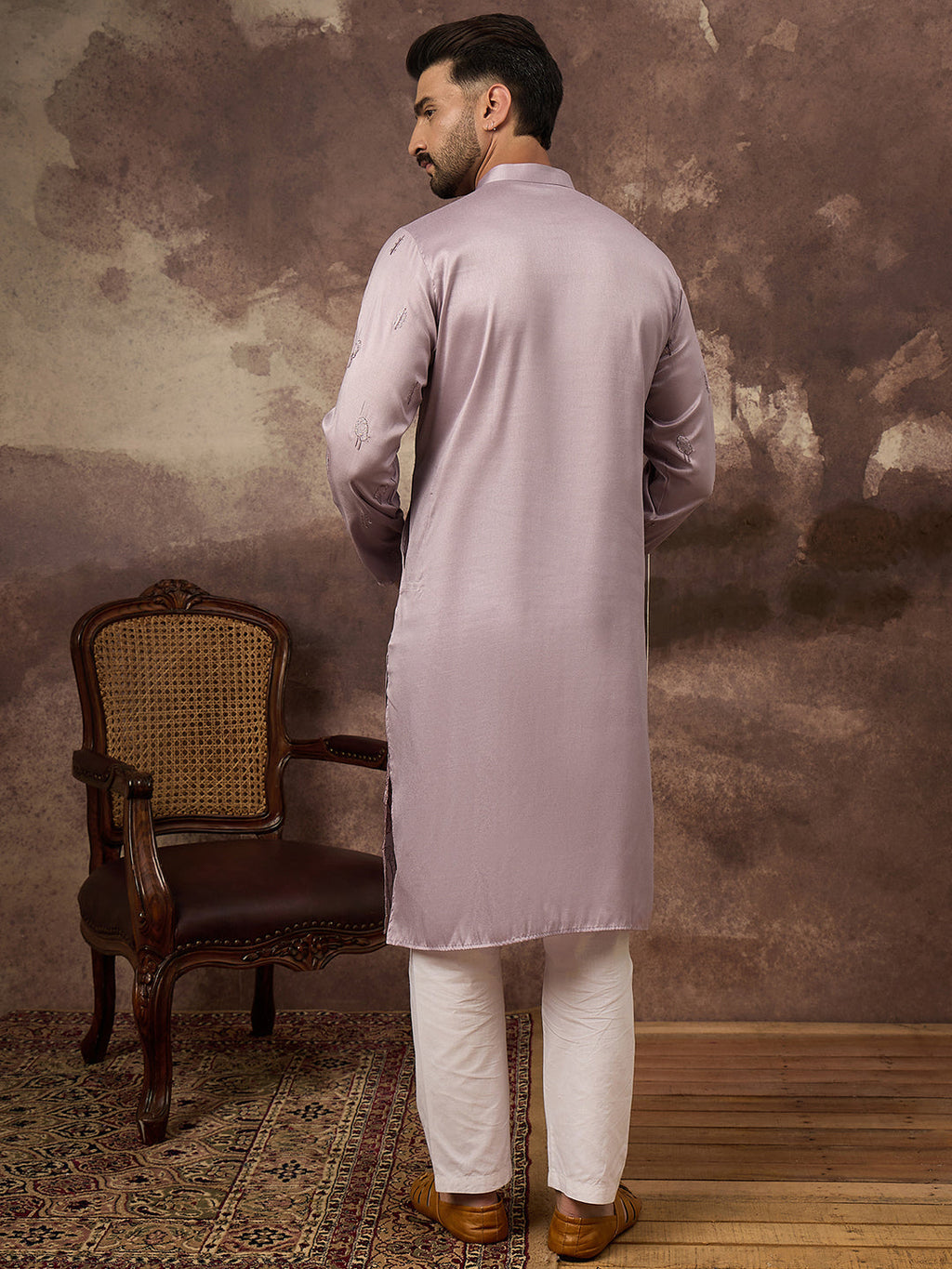 Men Lavender Silk Blend Solid Embroidered Straight Kurta and Trouser-MKSET1333