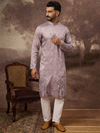 Men Lavender Silk Blend Solid Embroidered Straight Kurta and Trouser-MKSET1333