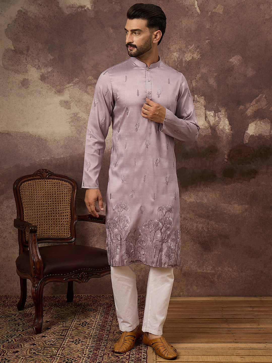 Men Lavender Silk Blend Solid Embroidered Straight Kurta and Trouser-MKSET1333