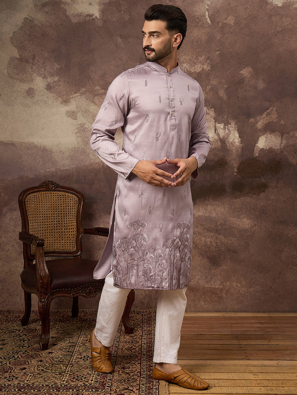Men Lavender Silk Blend Solid Embroidered Straight Kurta and Trouser-MKSET1333