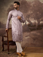 Men Lavender Silk Blend Solid Embroidered Straight Kurta and Trouser-MKSET1333