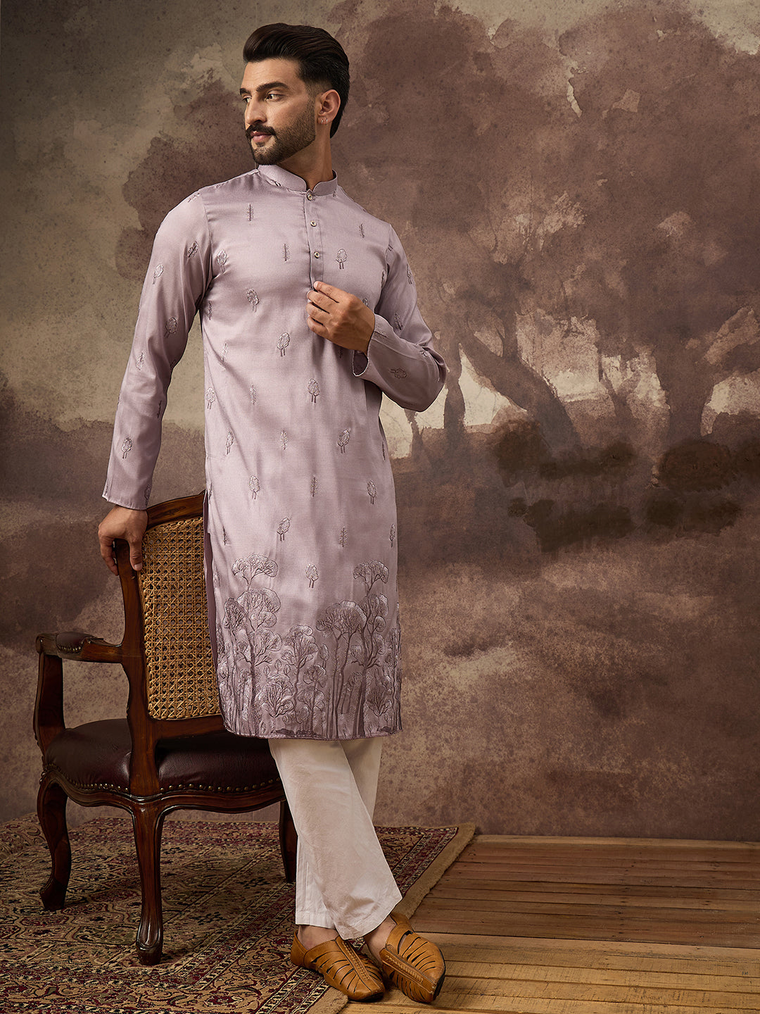 Men Lavender Silk Blend Solid Embroidered Straight Kurta and Trouser-MKSET1333