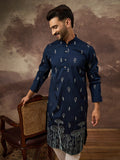 Men Navy Blue Silk Blend Solid Embroidered Straight Kurta and Trouser-MKSET1334