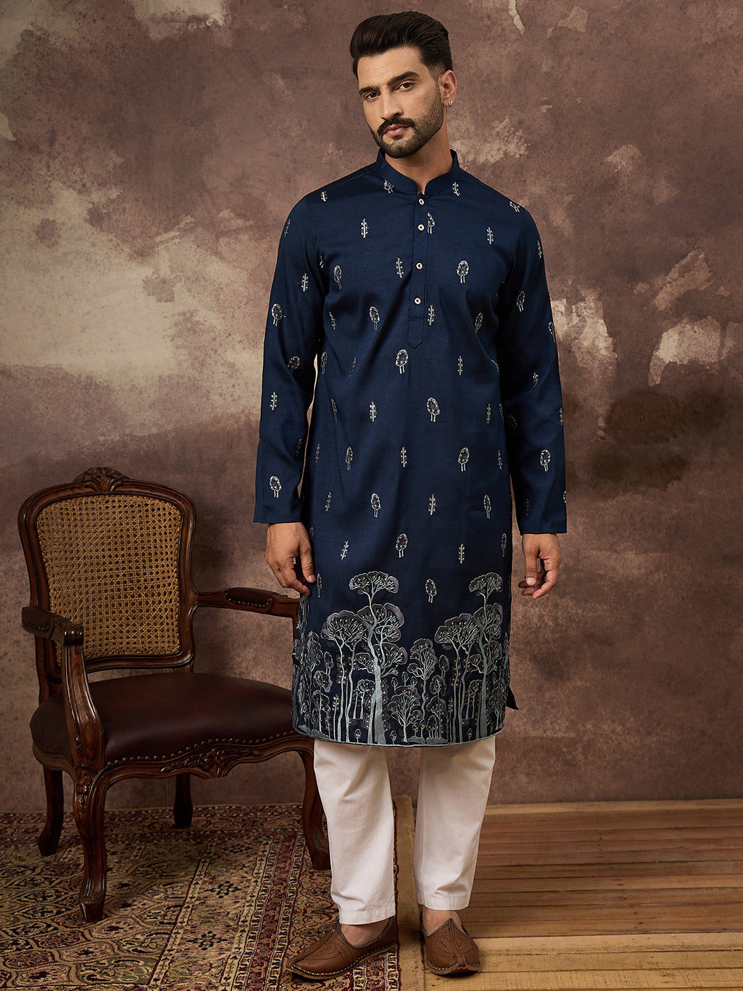 Men Navy Blue Silk Blend Solid Embroidered Straight Kurta and Trouser-MKSET1334