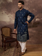 Men Navy Blue Silk Blend Solid Embroidered Straight Kurta and Trouser-MKSET1334