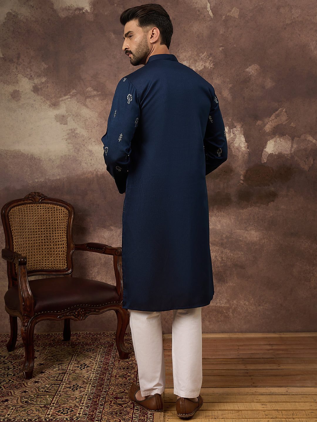 Men Navy Blue Silk Blend Solid Embroidered Straight Kurta and Trouser-MKSET1334