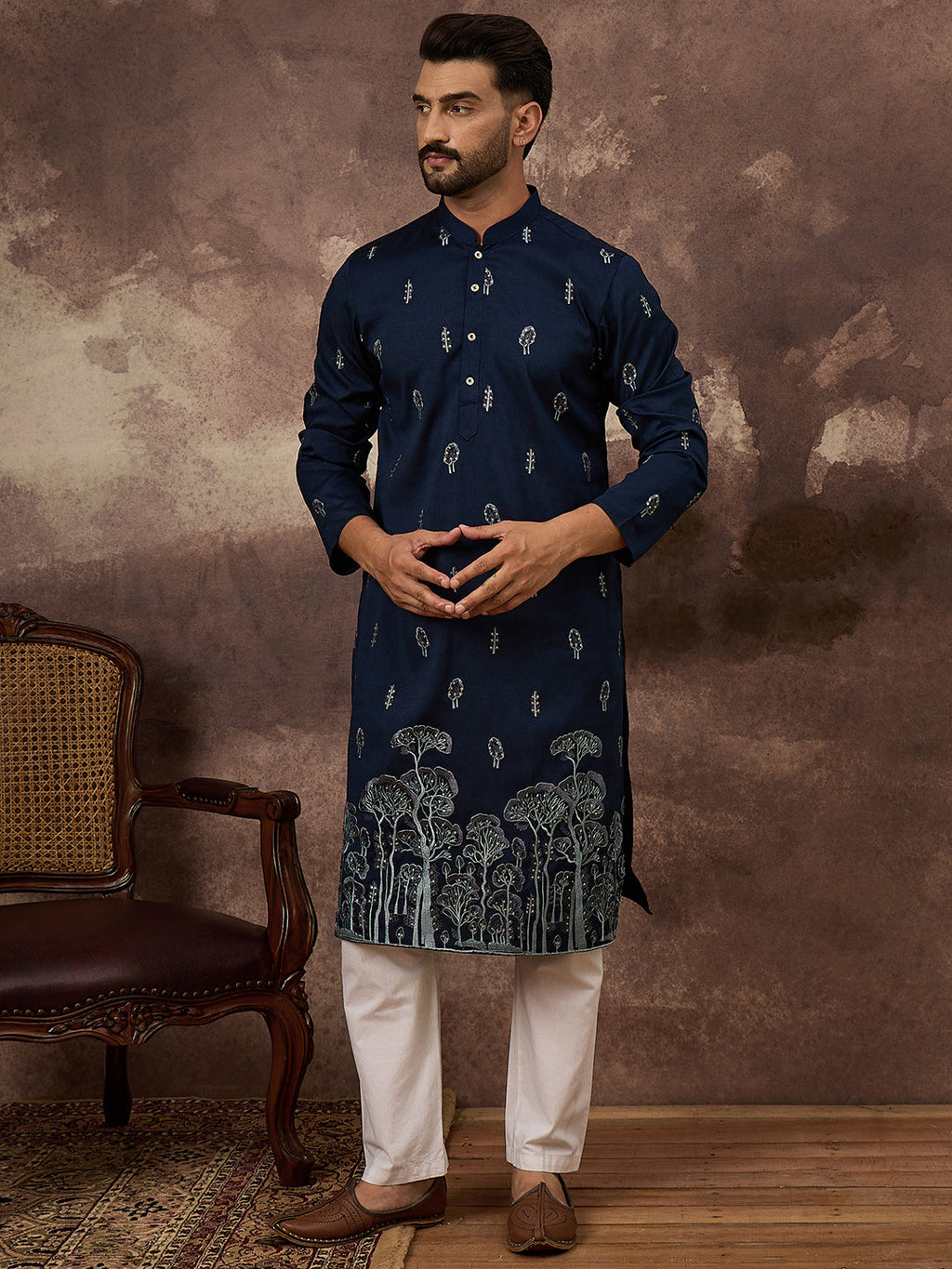 Men Navy Blue Silk Blend Solid Embroidered Straight Kurta and Trouser-MKSET1334