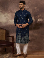 Men Navy Blue Silk Blend Solid Embroidered Straight Kurta and Trouser-MKSET1334
