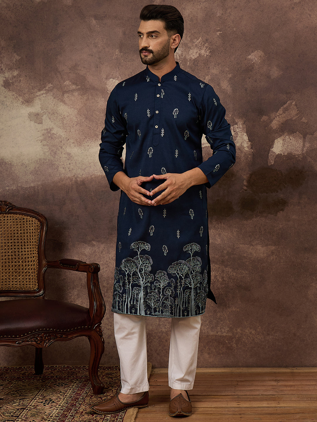 Men Navy Blue Silk Blend Solid Embroidered Straight Kurta and Trouser-MKSET1334