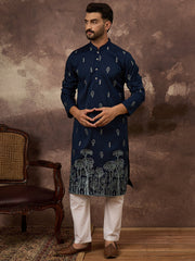 Men Navy Blue Silk Blend Solid Embroidered Straight Kurta and Trouser-MKSET1334