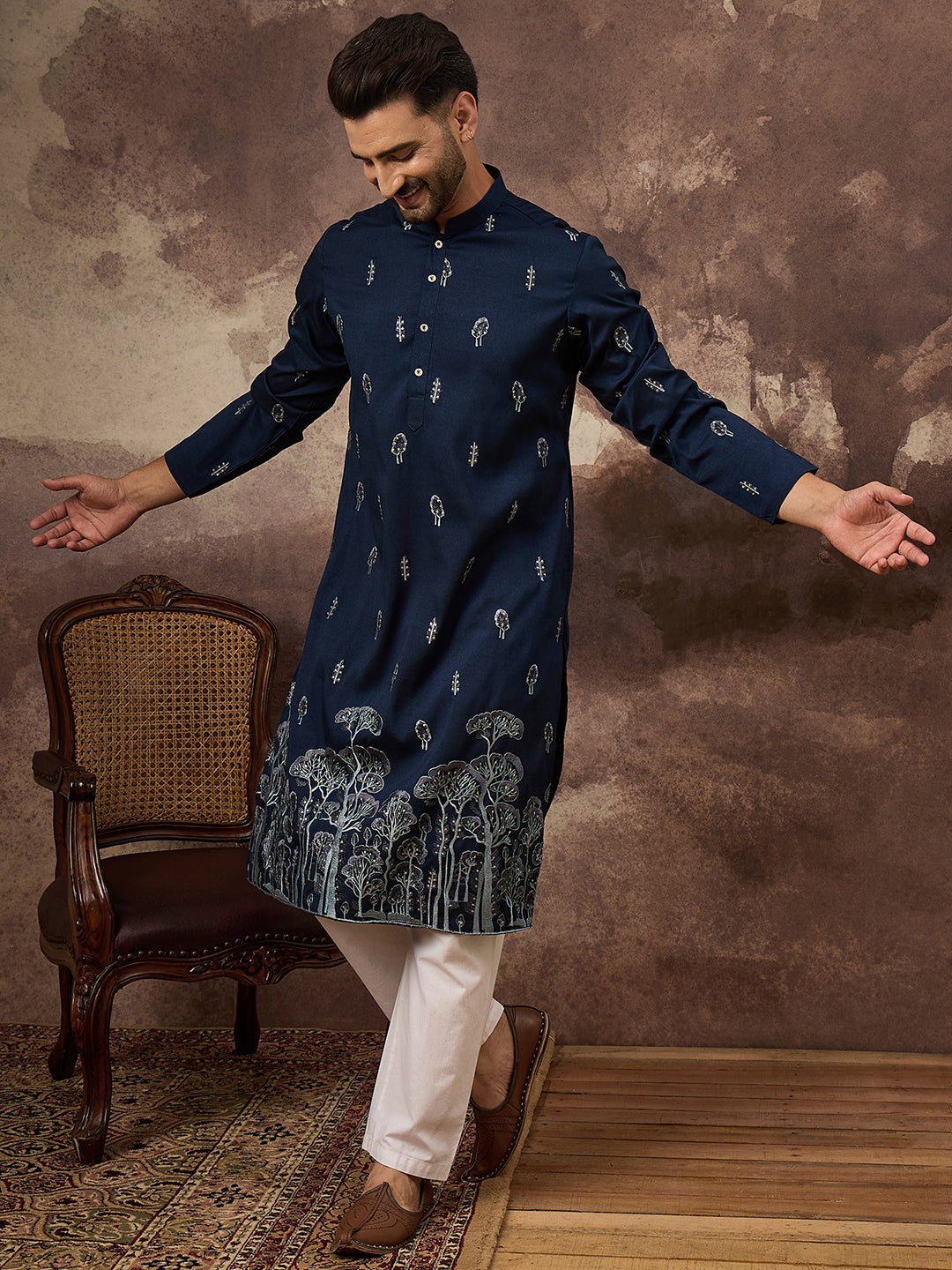 Men Navy Blue Silk Blend Solid Embroidered Straight Kurta and Trouser-MKSET1334
