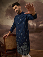 Men Navy Blue Silk Blend Solid Embroidered Straight Kurta and Trouser-MKSET1334