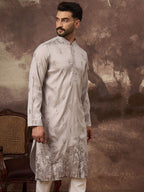 Men Grey Silk Blend Solid Embroidered Straight Kurta and Trouser-MKSET1335
