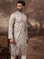 Men Grey Silk Blend Solid Embroidered Straight Kurta and Trouser-MKSET1335
