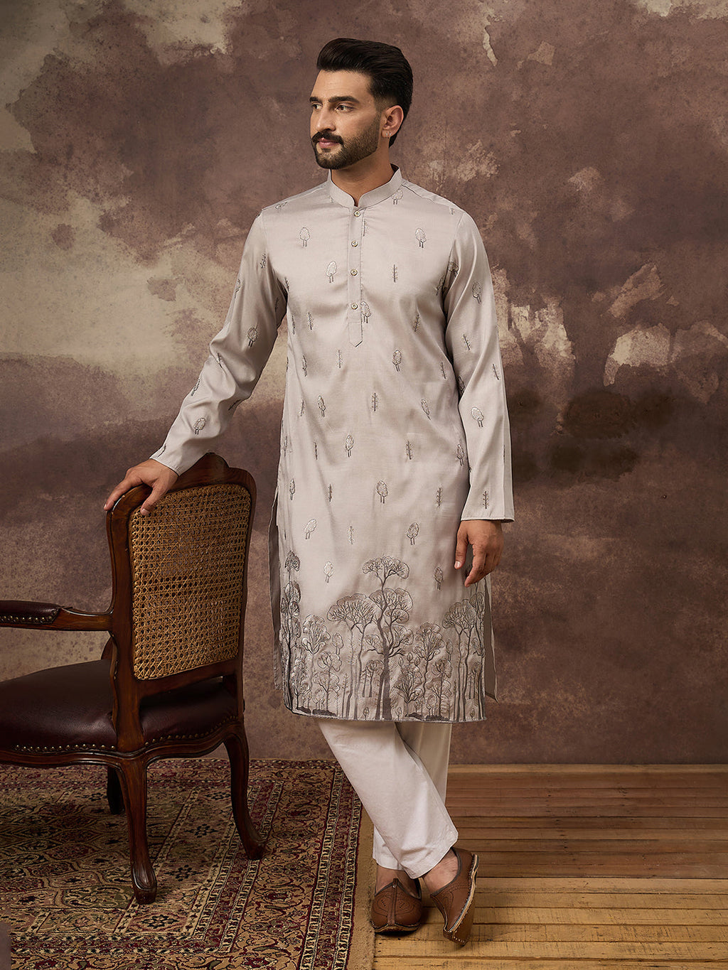 Men Grey Silk Blend Solid Embroidered Straight Kurta and Trouser-MKSET1335