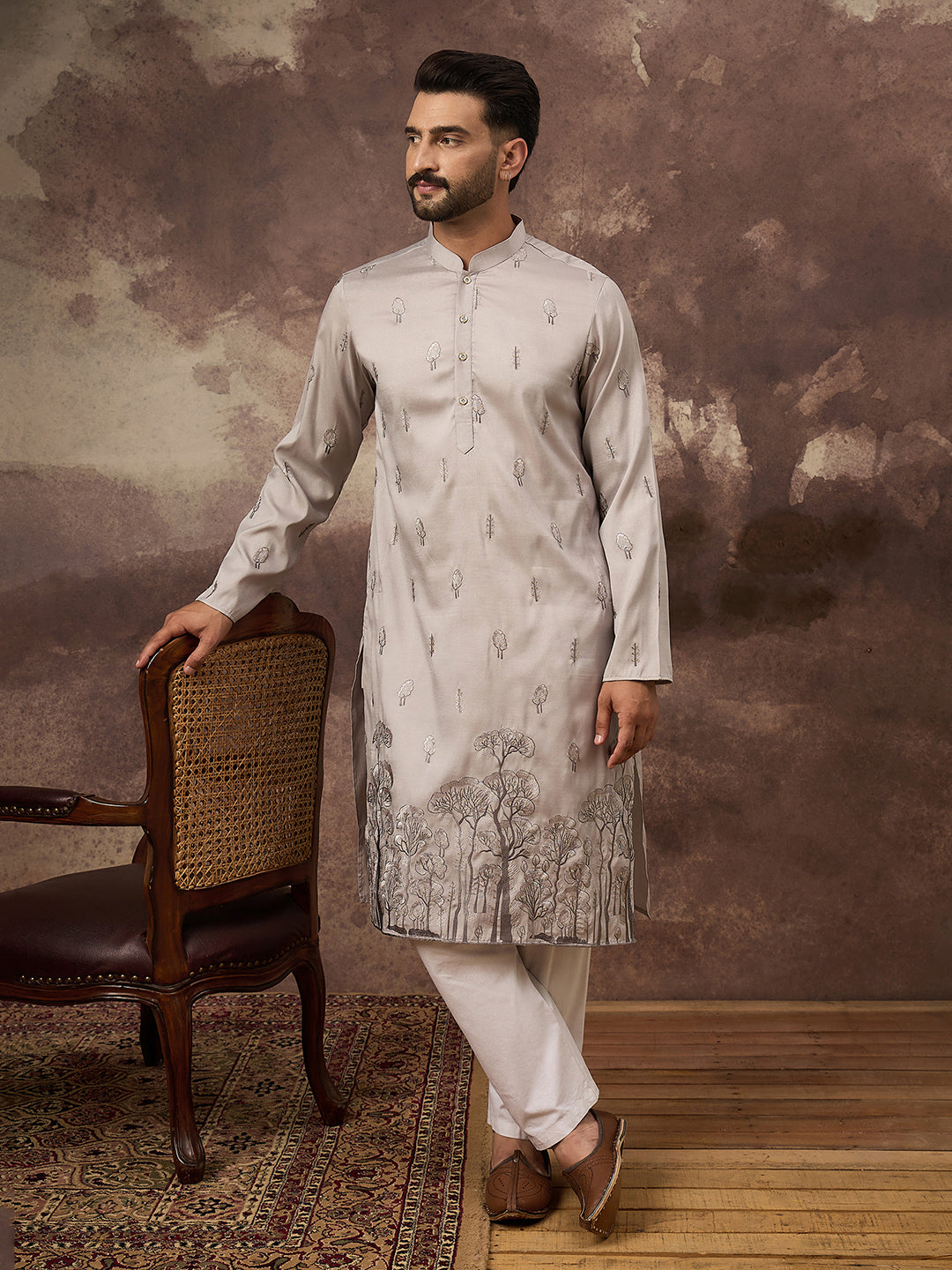 Men Grey Silk Blend Solid Embroidered Straight Kurta and Trouser-MKSET1335